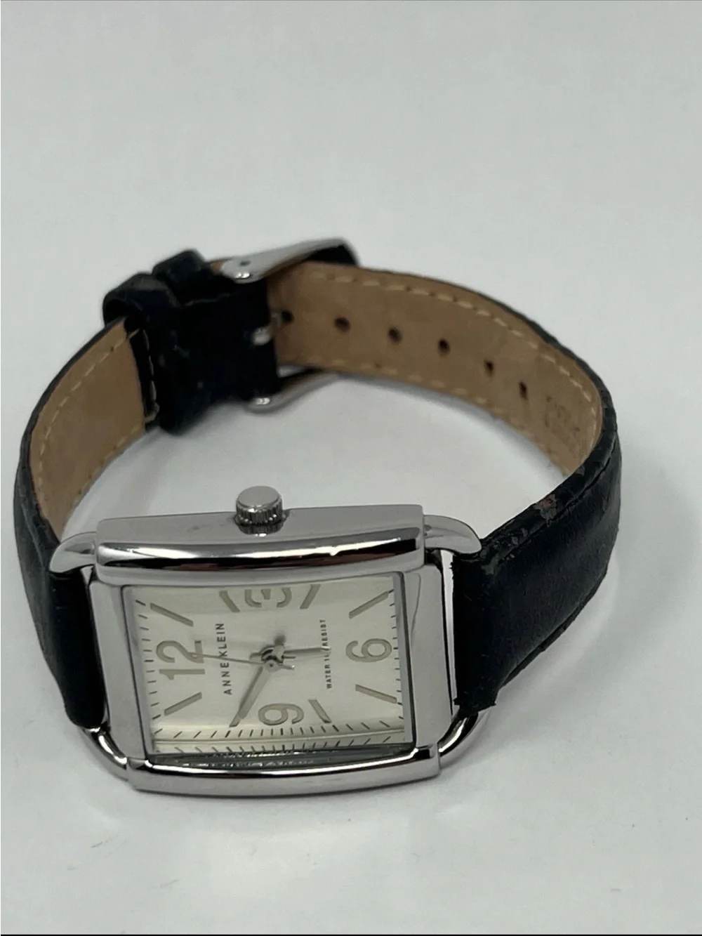 Anne Klein Women’s Watch Y121E 10/9997 Black Leather Silver Dial Tank Ladies